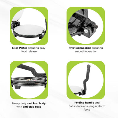 Royalford RF11165 Mica Plate Chapati Press 17.5cm | Heavy Cast Iron Roti Maker | Premium Food Grade Mica Plate | Easy Food Release | Anti Skid Heavy Base Design