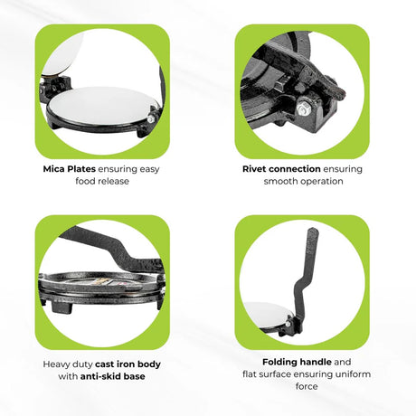 Royalford RF11165 Mica Plate Chapati Press 17.5cm | Heavy Cast Iron Roti Maker | Premium Food Grade Mica Plate | Easy Food Release | Anti Skid Heavy Base Design