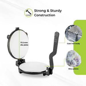 Royalford RF11165 Mica Plate Chapati Press 17.5cm | Heavy Cast Iron Roti Maker | Premium Food Grade Mica Plate | Easy Food Release | Anti Skid Heavy Base Design