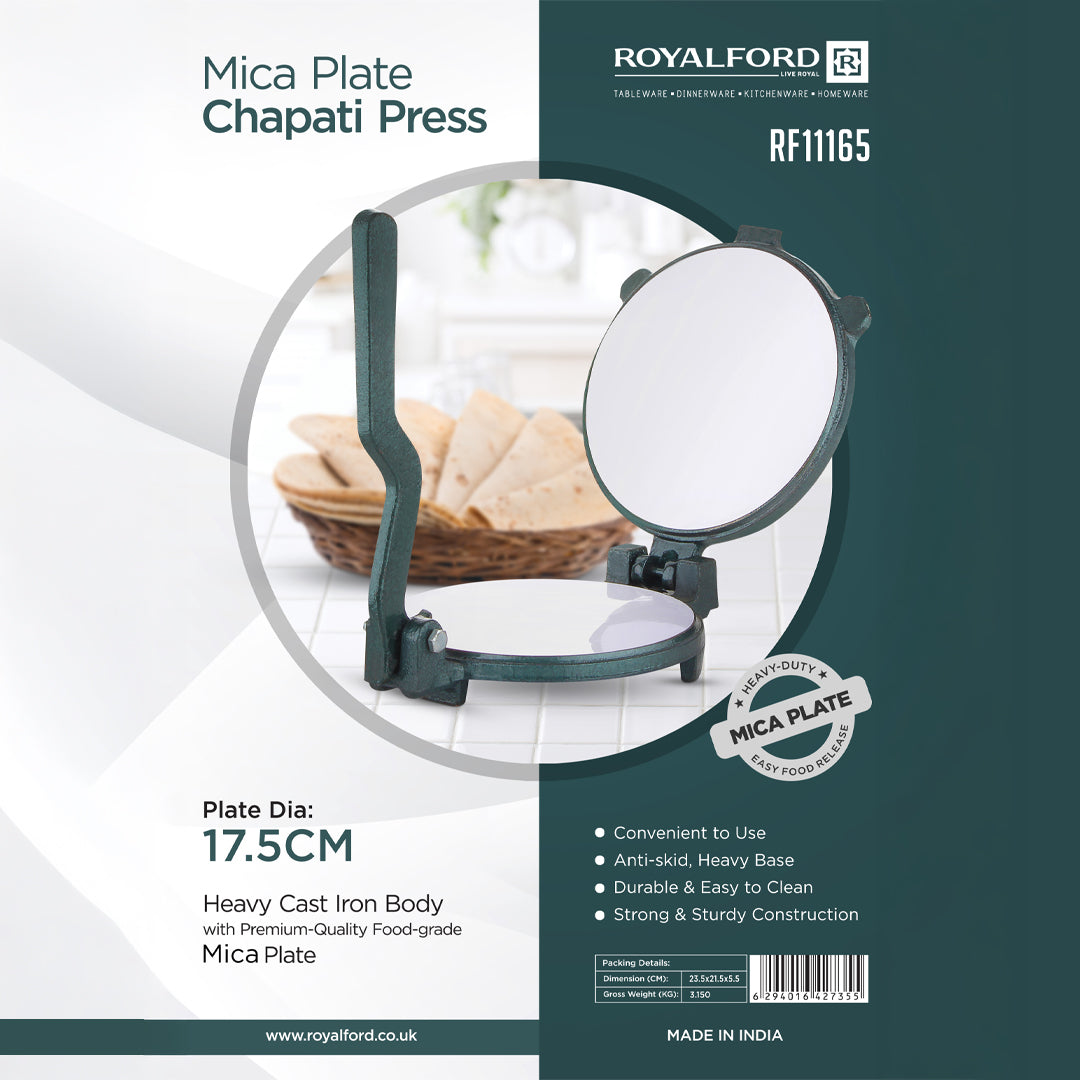 Royalford RF11165 Mica Plate Chapati Press 17.5cm | Heavy Cast Iron Roti Maker | Premium Food Grade Mica Plate | Easy Food Release | Anti Skid Heavy Base Design