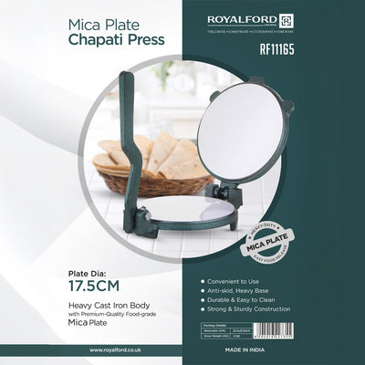 Royalford RF11165 Mica Plate Chapati Press 17.5cm | Heavy Cast Iron Roti Maker | Premium Food Grade Mica Plate | Easy Food Release | Anti Skid Heavy Base Design