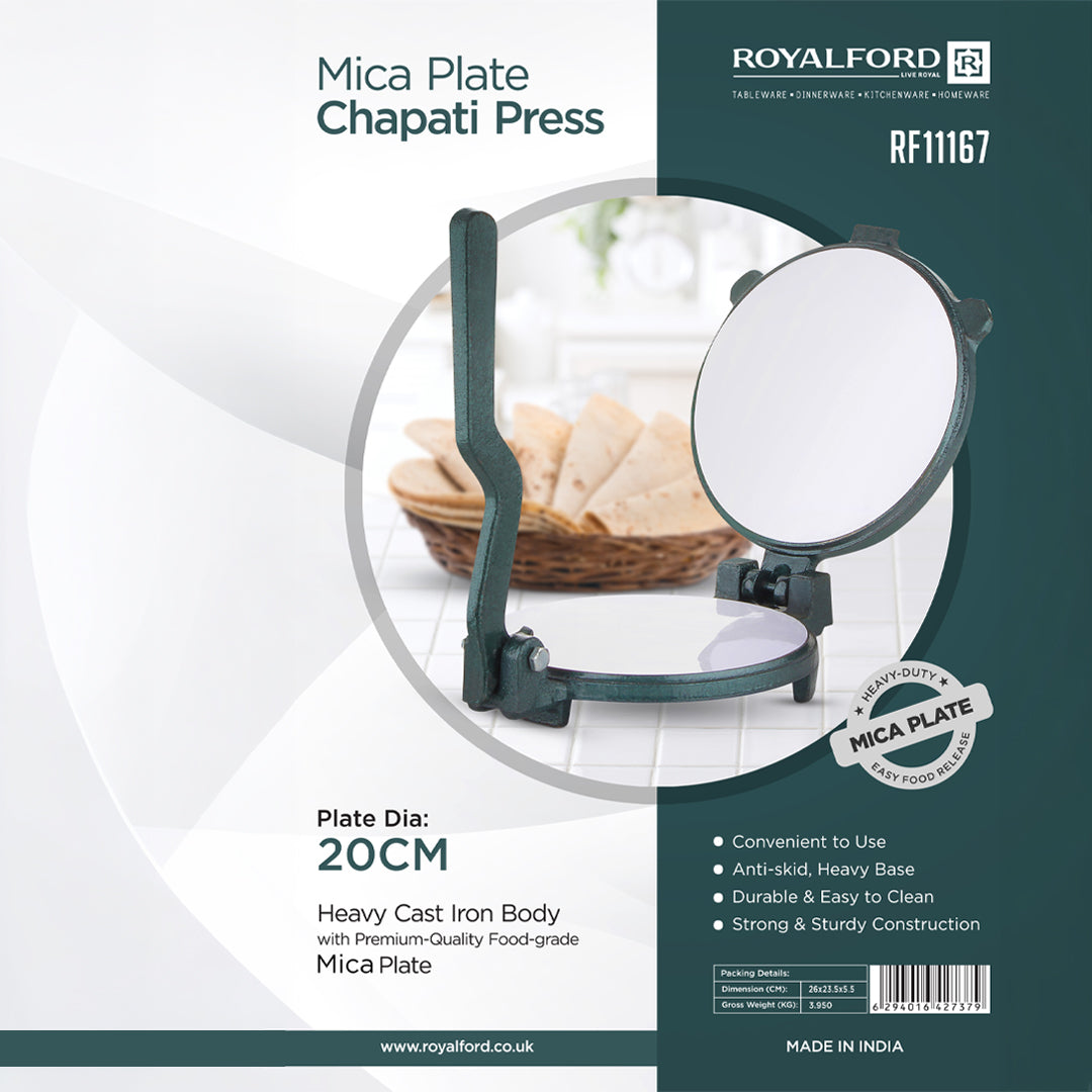 Royalford RF11167 Mica Plate Chapati Press 20cm | Heavy Cast Iron Roti and Chapati Maker|  Premium Food Grade Mica Plate | Easy Food Release and Stable Base Design Grip