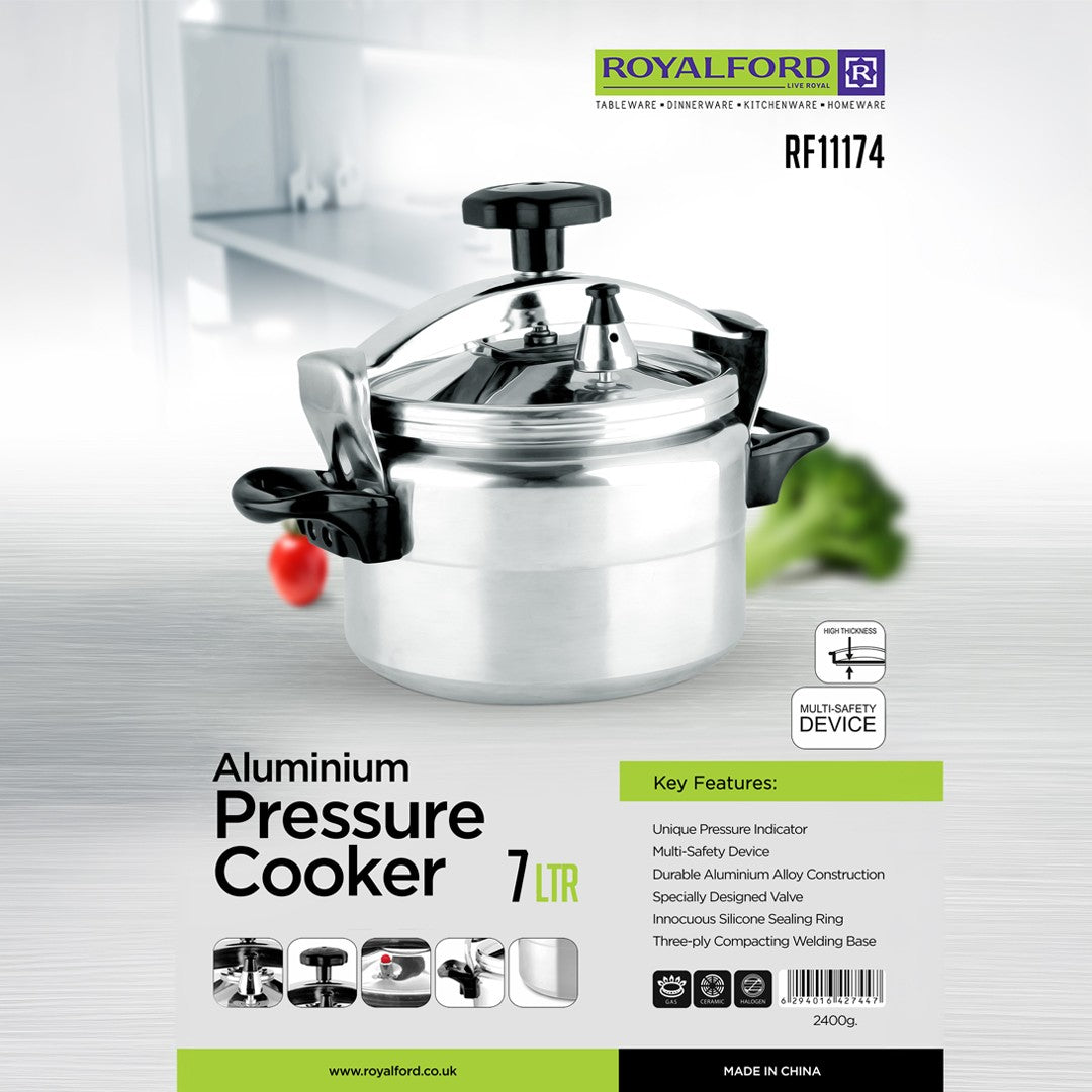 Royalford 7 Litre Aluminum Pressure Cooker RF11174 | High Thickness Aluminum Alloy Body & Three-Ply Base | Multi-Safety Device |  Safe Silicone Ring for Fast Cooking