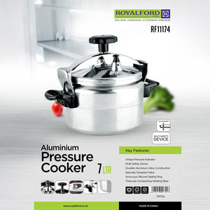 Royalford 7 Litre Aluminum Pressure Cooker RF11174 | High Thickness Aluminum Alloy Body & Three-Ply Base | Multi-Safety Device |  Safe Silicone Ring for Fast Cooking