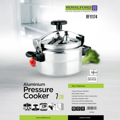 Royalford 7 Litre Aluminum Pressure Cooker RF11174 | High Thickness Aluminum Alloy Body & Three-Ply Base | Multi-Safety Device |  Safe Silicone Ring for Fast Cooking
