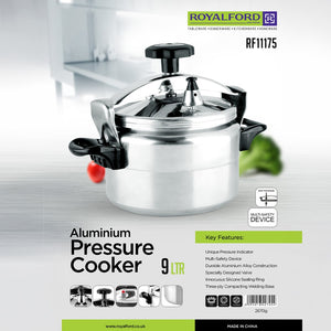Royalford RF11175 9L Aluminium Pressure Cooker | High-Thickness Alloy Body  |Multi-Safety System | Unique Pressure Indicator & Three-Ply Base for Safe Family Cooking