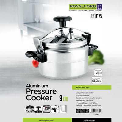 Royalford RF11175 9L Aluminium Pressure Cooker | High-Thickness Alloy Body  |Multi-Safety System | Unique Pressure Indicator & Three-Ply Base for Safe Family Cooking