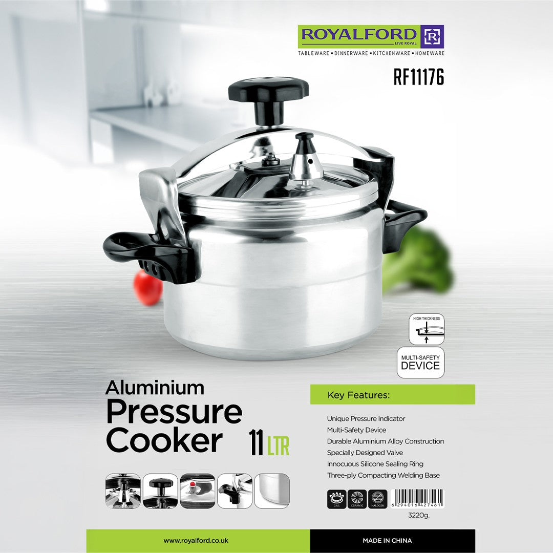 Royalford RF11176 Aluminium Pressure Cooker 11L | Durable Aluminium Alloy Body| Multi-Safety Device| Pressure Indicator| Special Valve & Three-Ply Base |High Thickness