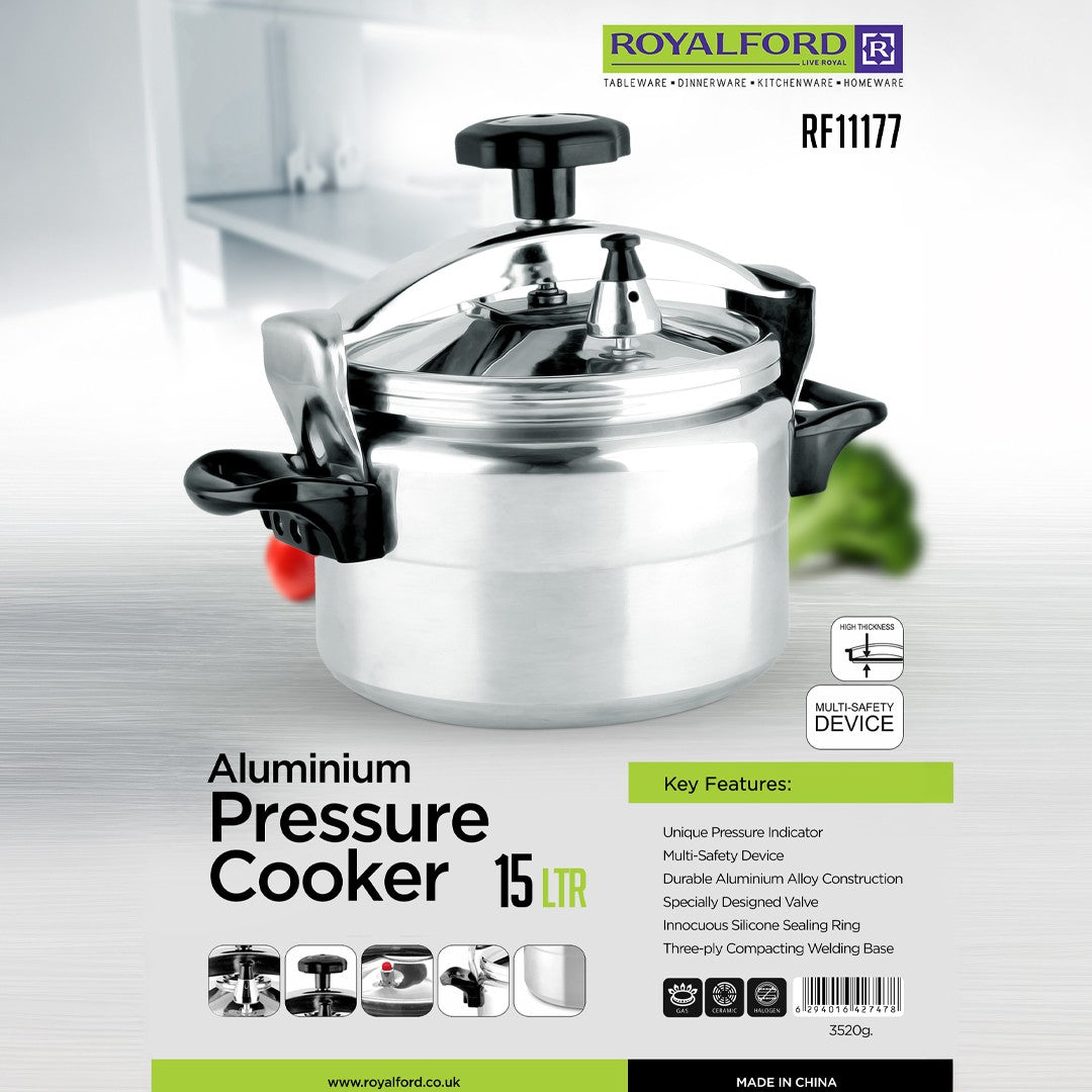 Royalford 15 Litre Aluminum Pressure Cooker RF11177 | Heavy Duty High Thickness Aluminum Body | Three-Ply Welding Base | Multi-Safety Device | Unique Pressure Indicator