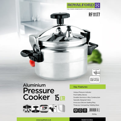 Royalford 15 Litre Aluminum Pressure Cooker RF11177 | Heavy Duty High Thickness Aluminum Body | Three-Ply Welding Base | Multi-Safety Device | Unique Pressure Indicator