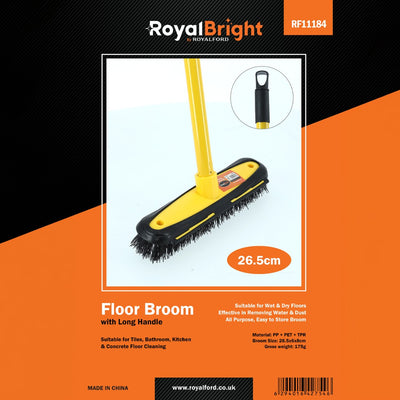 Royalford RF11184 Floor Broom with long handle| 26.5cm wide head, durable bristles & suitable for wet and dry floors| ideal for tiles, bathroom, kitchen cleaning use|