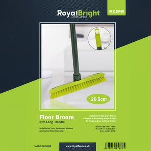 Royalford RF11184GR Floor Broom with long handle| 26.5cm wide head & durable bristles| suitable for wet and dry floors, ideal for tiles, kitchen, bathroom cleaning|