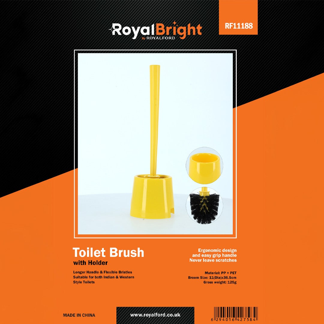 Royalford RF11188 Toilet Brush with Holder | Durable Bathroom Cleaning Brush with Ergonomic Handle| Flexible Bristles| Scratch-Free Cleaning for Indian & Western Toilets