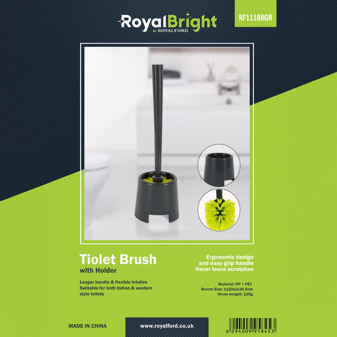 Royalford RF11188GR Toilet Brush with Holder |Durable Bathroom Cleaning Brush with Ergonomic Handle| Flexible Bristles| Scratch-Free Cleaning for Indian & Western Toilets