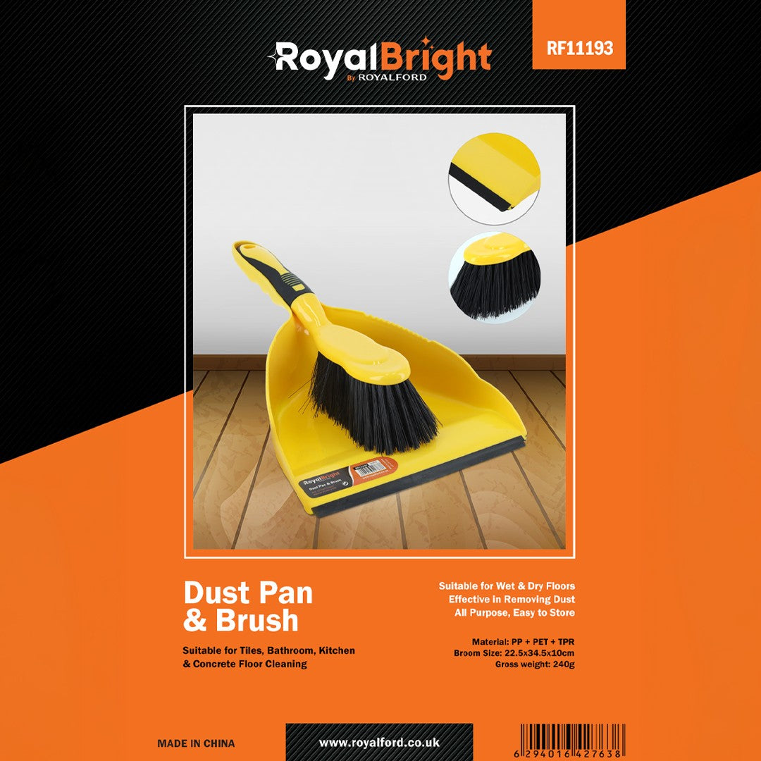 Royalford RF11193 Dust Pan & Brush set| durable bristles, ergonomic grip, and a rubber edge pan| for efficient wet & dry cleaning in home, kitchen, and bathroom spaces|