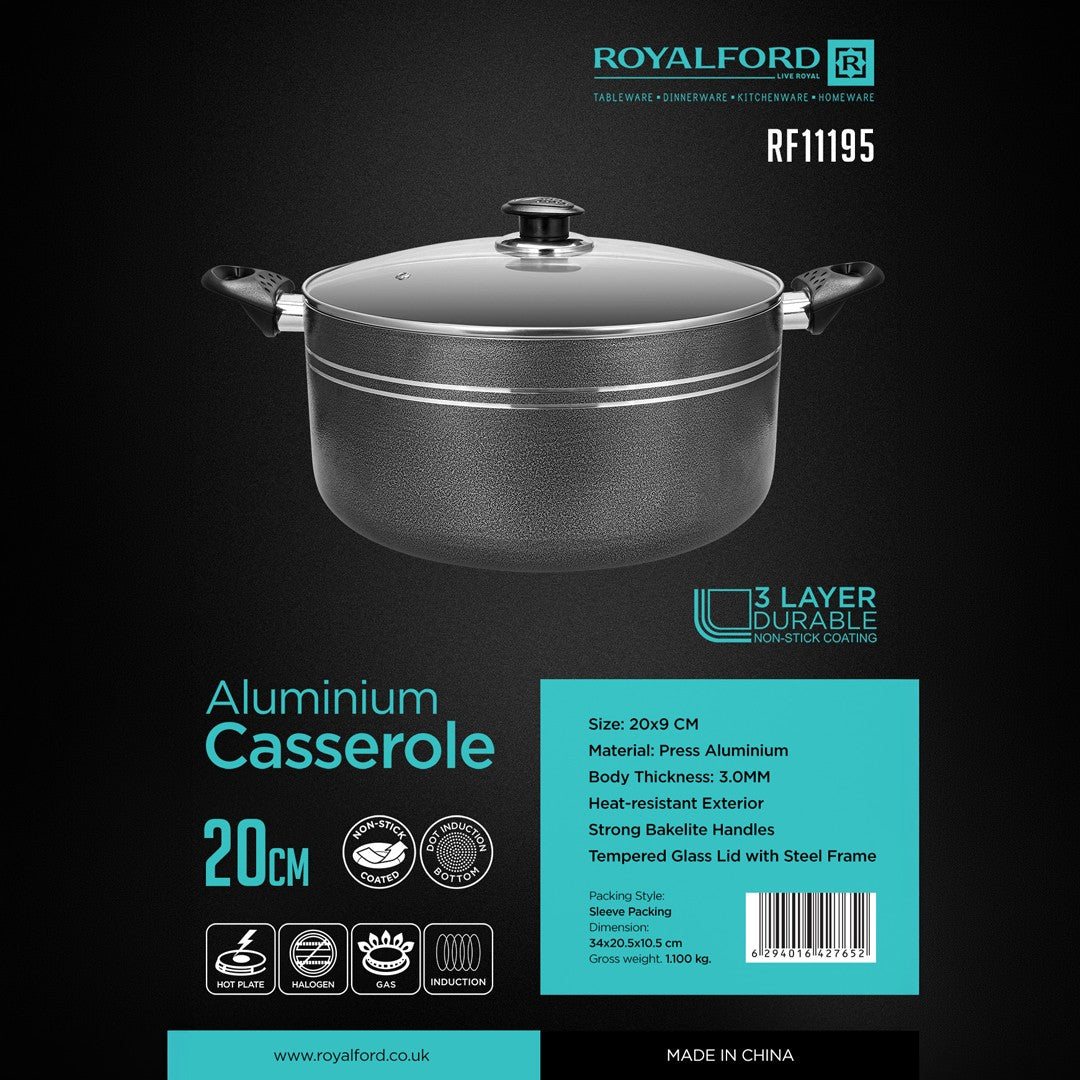 Royalford RF11195 20CM Aluminium Non-Stick Casserole | Tempered Glass Lid |  3-Layer Coating | Induction Compatible | 3.0mm Thick Body | Heat-Resistant Exterior