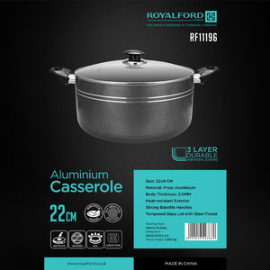 Royalford RF11196 22cm Aluminium Non-Stick Casserole with Glass Lid | Premium Press Aluminium Body | 3.0mm Thick Construction | 3-Layer Durable Non-Stick Coating