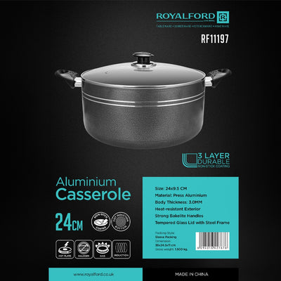 Royalford RF11197 24cm Aluminium Non-Stick Casserole with Glass Lid | 3.0mm Thick Construction | 3-Layer Durable Non-Stick Coating | Tempered Glass Lid | Easy to Clean