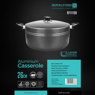 RoyalFord RF11198 Aluminium Casserole 26cm |3-Layer Non-Stick Induction Cooking | 3.0mm Thick Body  | Tempered Glass Lid | Heat-Resistant Bakelite Handles | Easy to Clean