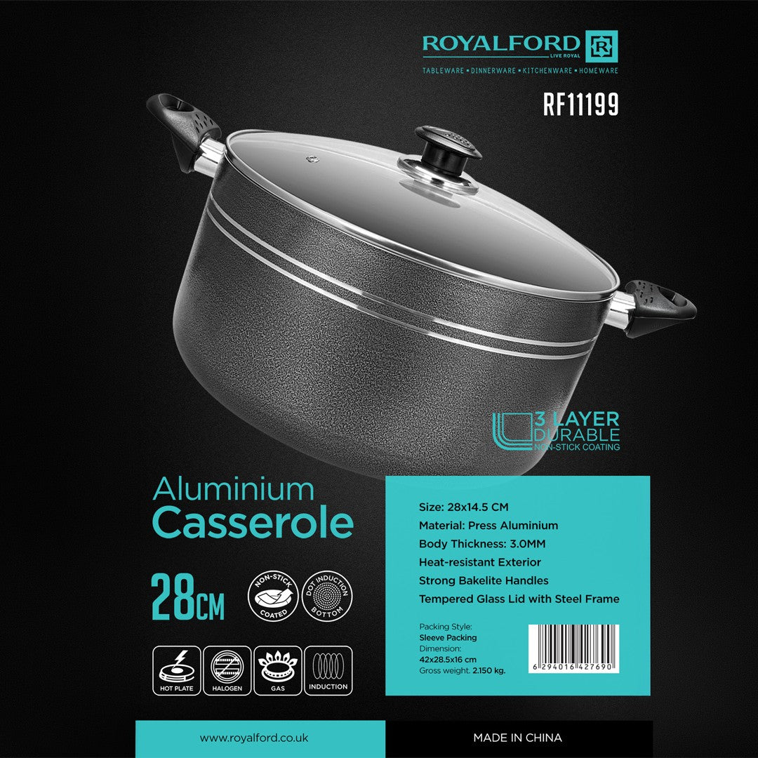 Royalford RF11199 28cm Aluminium Non-Stick Casserole with Glass Lid |  Press Aluminium Construction  | 3.0mm Thick Body | 3-Layer Non-Stick Coating |Tempered Glass Lid