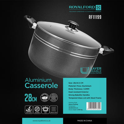Royalford RF11199 28cm Aluminium Non-Stick Casserole with Glass Lid |  Press Aluminium Construction  | 3.0mm Thick Body | 3-Layer Non-Stick Coating |Tempered Glass Lid