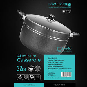 Royalford RF11201 32cm Aluminium Non-Stick Casserole with Glass Lid |Premium Press Aluminium Body | 3.0mm Thick Construction |Tempered Glass Lid | Heat-Resistant Exterior