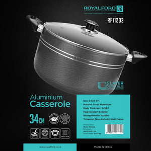 Royalford RF11202 34CM Aluminium Non-Stick Casserole with Glass Lid | Premium Press Aluminium Body | 3-Layer Durable Non-Stick Coating | 3.0mm Thick Construction