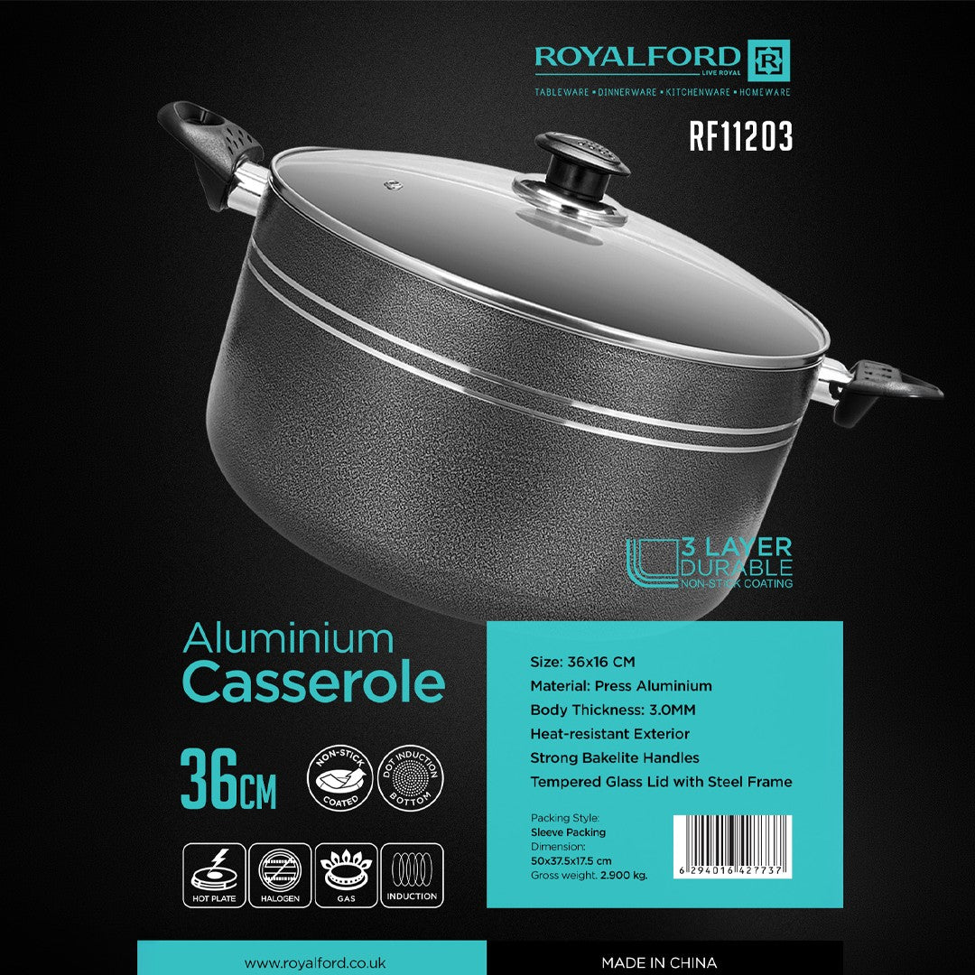 Royalford RF11203 36CM Aluminium Non-Stick Casserole with Glass Lid |Premium Press Aluminium Construction |3-Layer Non-Stick Coating |3.0mm Thick Body |Tempered Glass Lid
