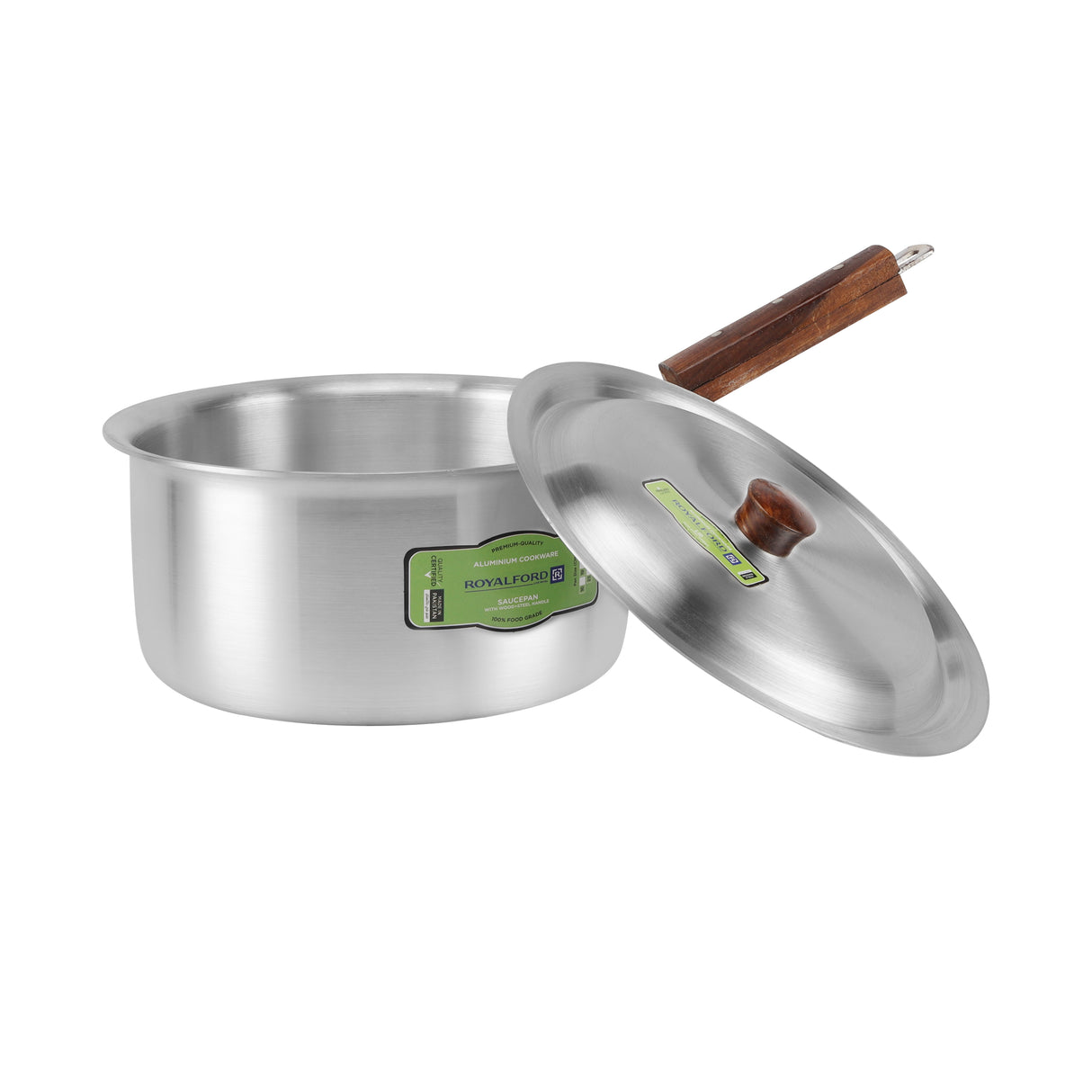 RoyalFord RF11206 5-Piece Aluminium Saucepan Set |Wooden Handles  |Matching Aluminium Lids | Multiple Cooking Sizes –16cm, 19cm, 21cm, 23cm & 26cm |Ideal for Everyday Use