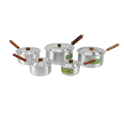 RoyalFord RF11206 5-Piece Aluminium Saucepan Set |Wooden Handles  |Matching Aluminium Lids | Multiple Cooking Sizes –16cm, 19cm, 21cm, 23cm & 26cm |Ideal for Everyday Use