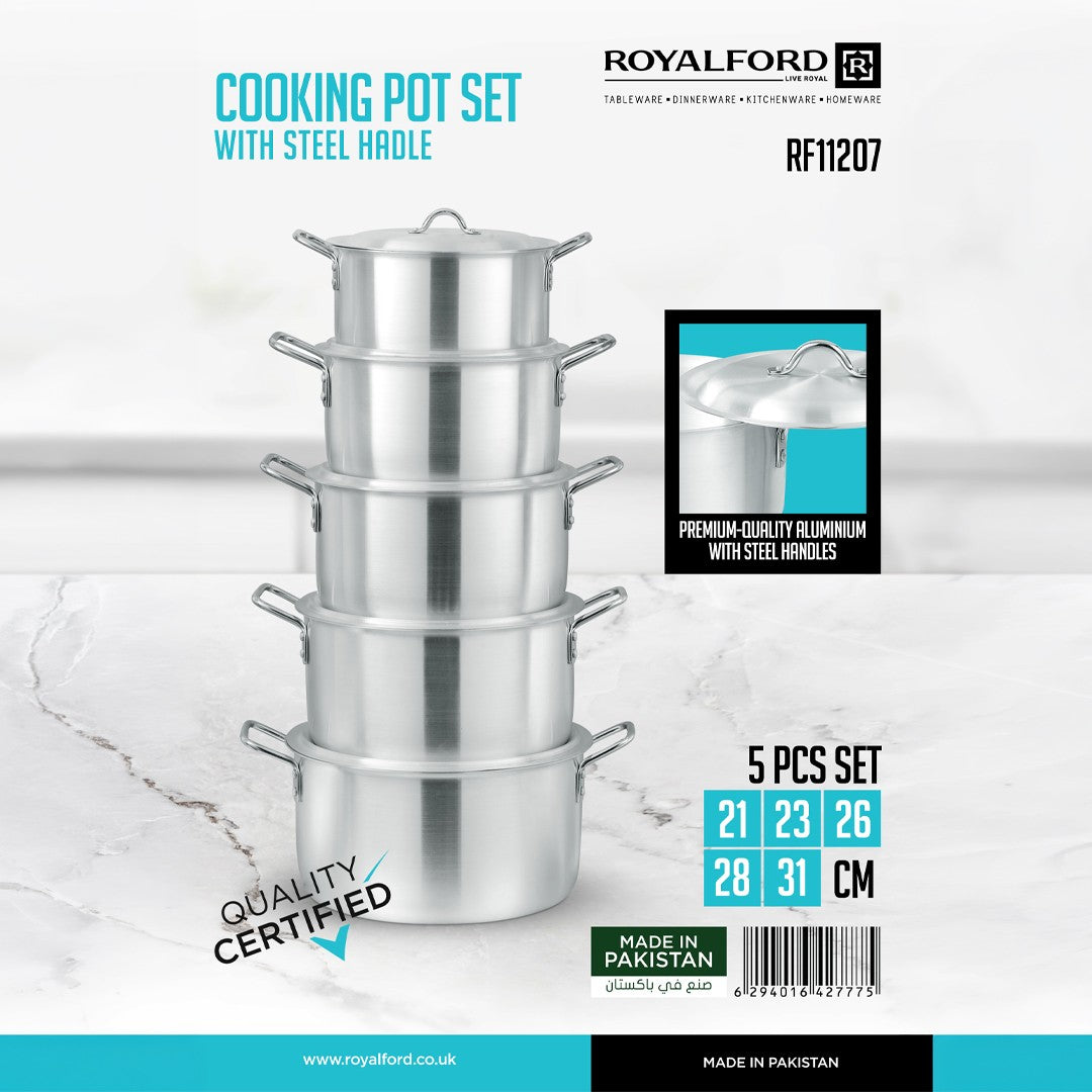 Royalford RF11207 5-Piece Aluminium Cooking Pot Set with Steel Handles |  Fast & Energy-Efficient Cooking | Easy to Clean | Strong Steel Handles | Ideal for Everyday Use
