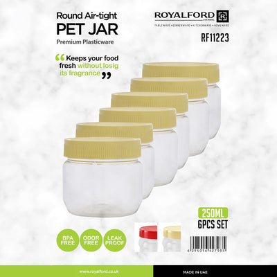 Royalford RF11223 250ML Airtight PET Jar Set 6PCS| BPA-free & leak-proof lids ensures safe storage| keeps food fresh, odor-free & ideal for snacks and dry items|