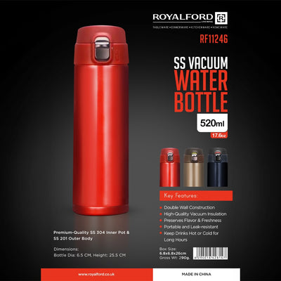 Royalford RF11246 SS Vacuum Water Bottle 520ml |  Double Wall Insulated Stainless Steel Flask |   Leak-Resistant Lid |  Hot & Cold Retention |  Travel Thermos Bottle