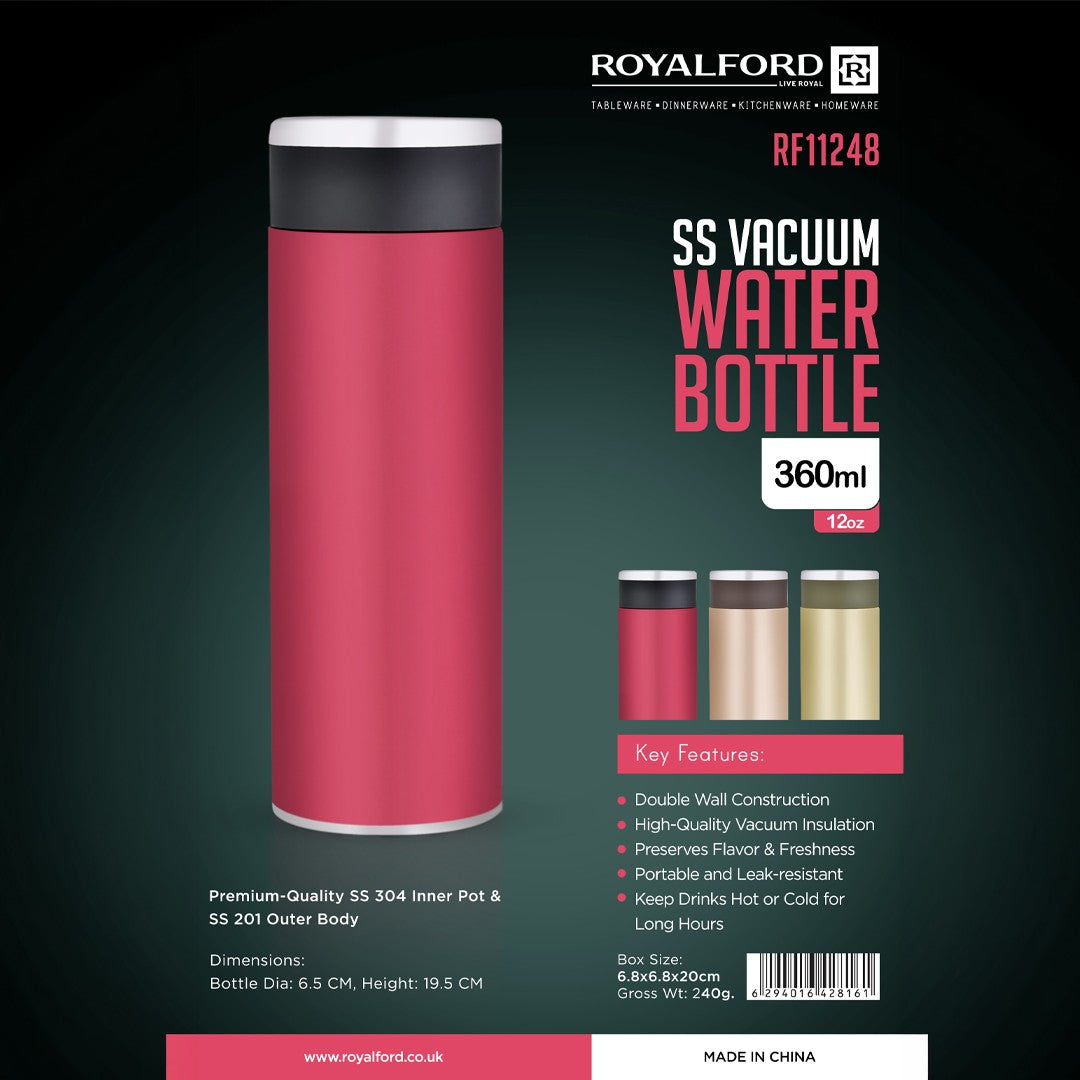 Royalford RF11248 360ml SS Vacuum Water Bottle | Double Wall Stainless Steel Insulated Flask | Leak Resistant Lid | Keeps Hot & Cold for Hours | Portable Travel Bottle