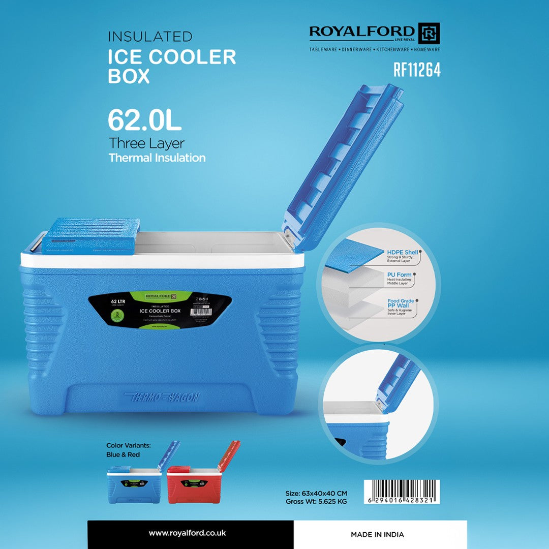 RoyalFord RF11264 62L Insulated Ice Cooler Box | 3-Layer Thermal Ice Chest for Camping, Picnic, BBQ & Travel | Heavy-Duty HDPE Exterior | Food-Grade Inner Lining