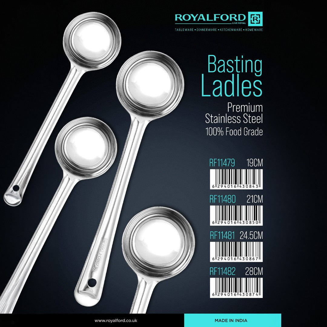 Royalford RF11480 Stainless Steel Basting Ladle | 21CM | Food Grade, Durable Soup Serving Spoon | Long Handle | Kitchen Ladle for Sauces &  Gravies | Cooking Utensil
