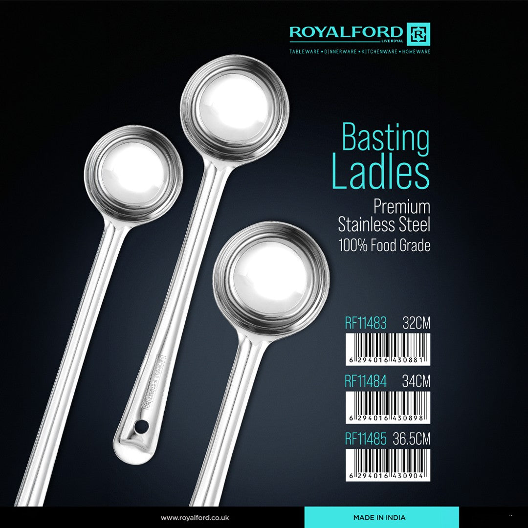 Royalford RF11485 stainless steel basting ladle set| made from 100% food-grade material, durable and rust-resistant| deep bowl design, ideal for serving soups|