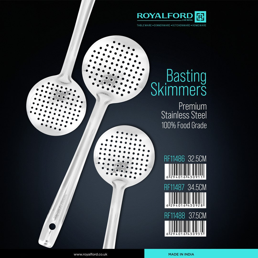 Royalford RF11488 Stainless Steel Basting Skimmer| made from 100% food-grade material & rust-resistant| perforated design, long handle, ideal for frying & serving|