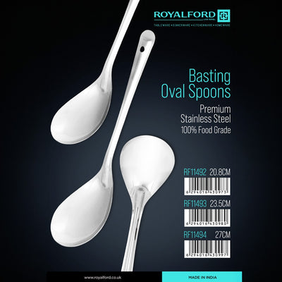 Royalford RF11492 Stainless Steel Basting Oval Spoon | 20.8CM |  Food Grade | Durable Serving Spoon | Long Handle | Perfect Kitchen Spoon for Rice &  Curry Serving