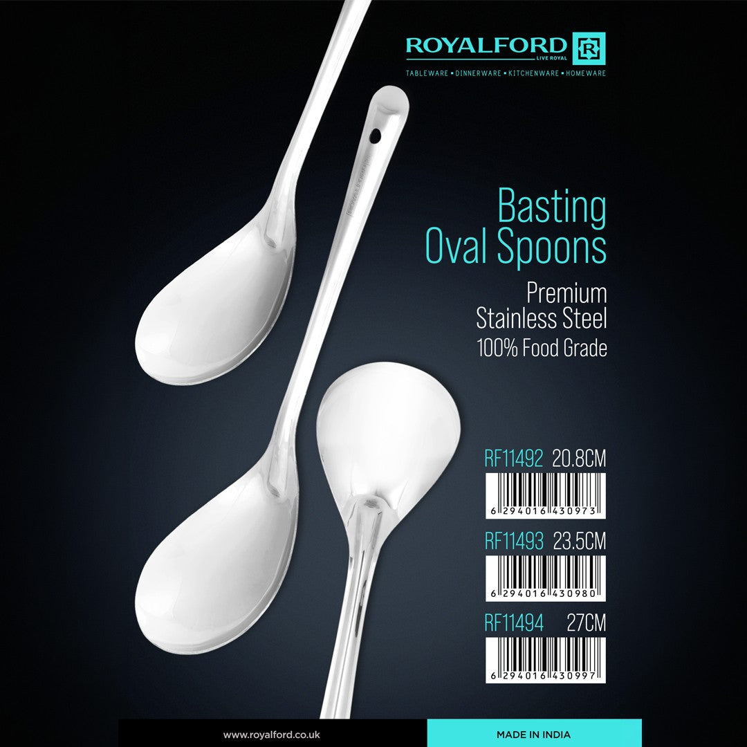 Royalford RF11493 Stainless Steel Basting Oval Spoon |  20.8CM | Food Grade | Durable Serving Spoon | Long Handle | Kitchen Spoon for Rice & Curry Serving |Rust Resistant