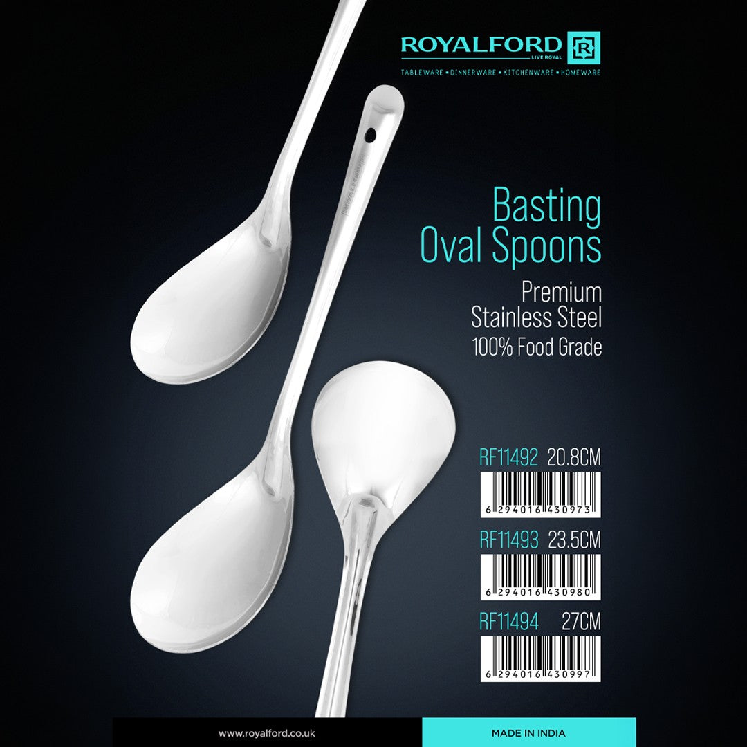 Royalford RF11494 Stainless Steel Basting Oval Spoon | Food Grade Durable Long Handle Serving Spoon | Perfect for Cooking, Serving Sauces and Gravies | Kitchen Use
