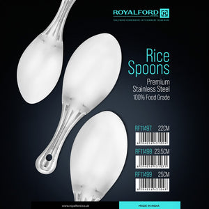Royalford RF11497  Stainless Steel Rice Spoon | Food Grade Mirror Finish Serving Spoon |  Rust Resistant Kitchen Utensil with Ergonomic Handle for Easy Serving Use