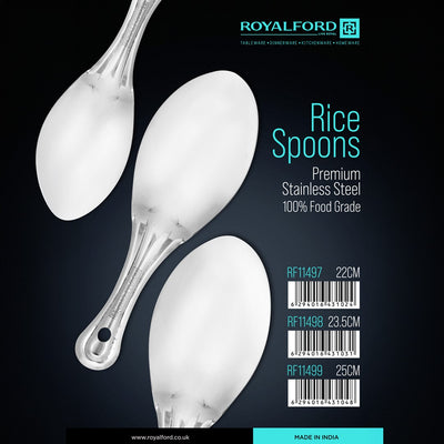 Royalford RF11497  Stainless Steel Rice Spoon | Food Grade Mirror Finish Serving Spoon |  Rust Resistant Kitchen Utensil with Ergonomic Handle for Easy Serving Use