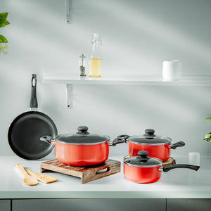 Royalford RF11642 9-Piece Non-Stick Cookware Set with Glass Lids| Frypan, Saucepan & Casseroles | Strong Aluminium Body | PFOA-Free Coating & Bamboo Kitchen Tools