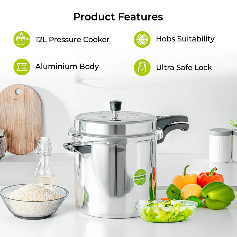 Royalford 12L Induction Pressure Cooker RF11645 | Strong Virgin Aluminium Body| Improved Pressure Regulator|  Multi-Safety System| Free Gasket & 2-Year Warranty