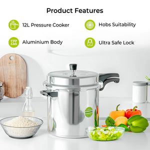 Royalford 12L Induction Pressure Cooker RF11645 | Strong Virgin Aluminium Body| Improved Pressure Regulator|  Multi-Safety System| Free Gasket & 2-Year Warranty