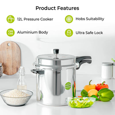 Royalford 12L Induction Pressure Cooker RF11645 | Strong Virgin Aluminium Body| Improved Pressure Regulator|  Multi-Safety System| Free Gasket & 2-Year Warranty