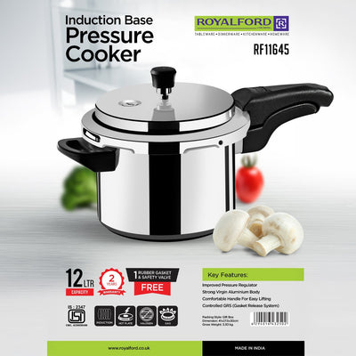 Royalford 12L Induction Pressure Cooker RF11645 | Strong Virgin Aluminium Body| Improved Pressure Regulator|  Multi-Safety System| Free Gasket & 2-Year Warranty
