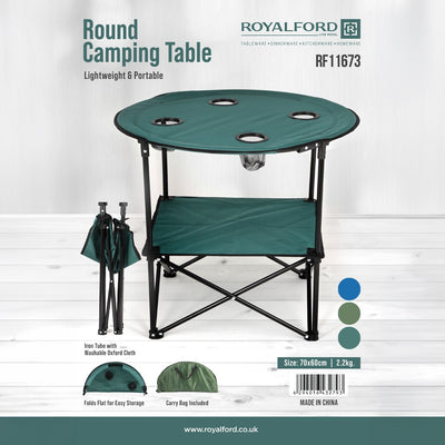 Royalford RF11673 round camping table with lightweight foldable design | iron tube frame, washable Oxford cloth, cup holders, storage shelf and carry bag included now