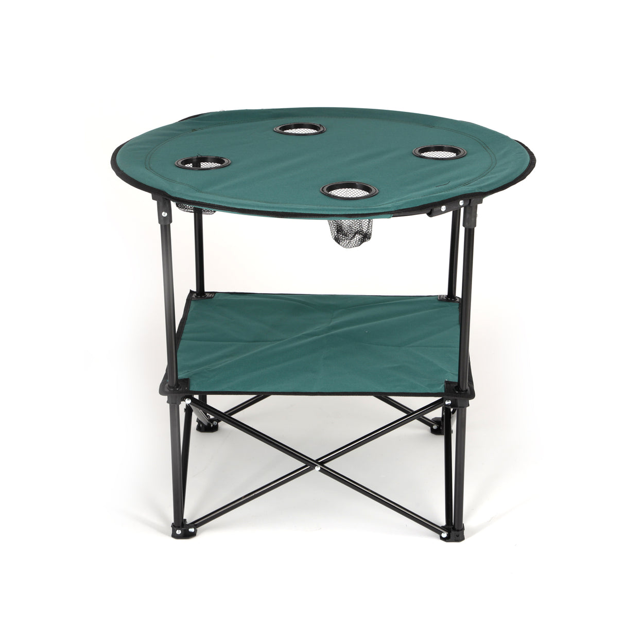 Royalford RF11673 round camping table with lightweight foldable design | iron tube frame, washable Oxford cloth, cup holders, storage shelf and carry bag included now